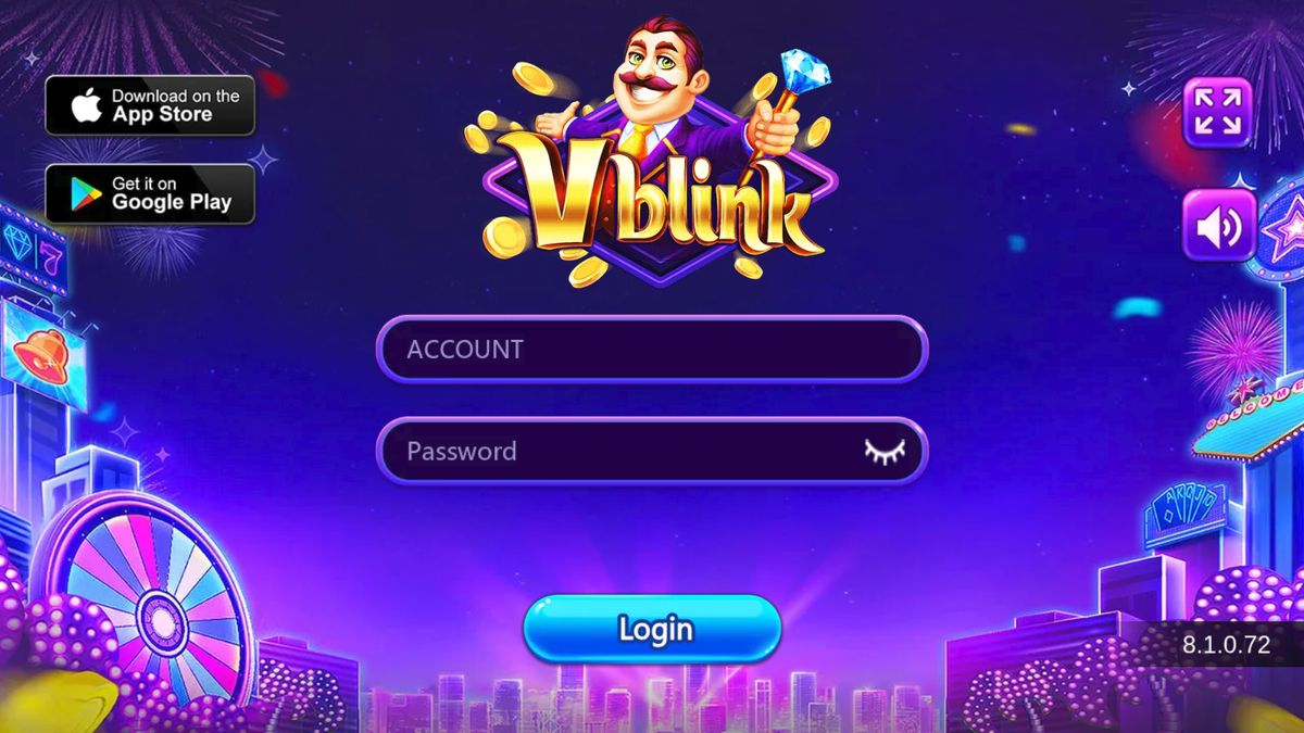 Official Vblink login screen at vblink777 with Account, Password, Login, and build 8.1.0.72.